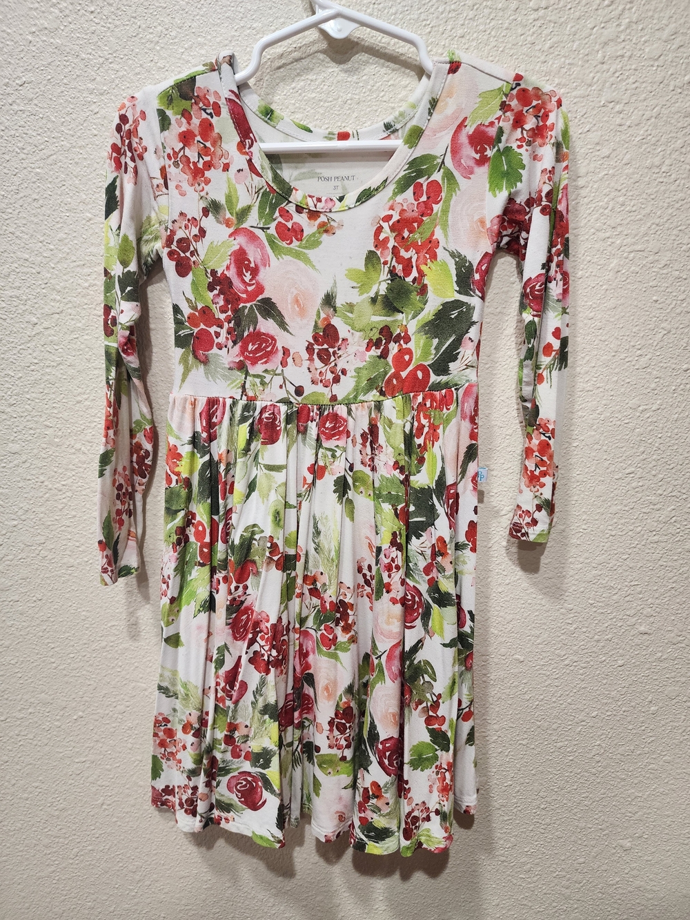 Posh Peanut Floral Long Sleeve Dress in White, Red, Green